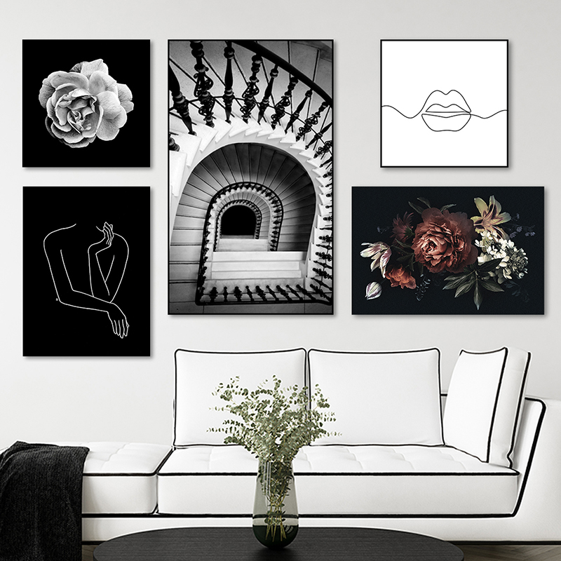 Flowers-staircase-spiral-line-art-black-and-white-roses-bloom-lips-silouette