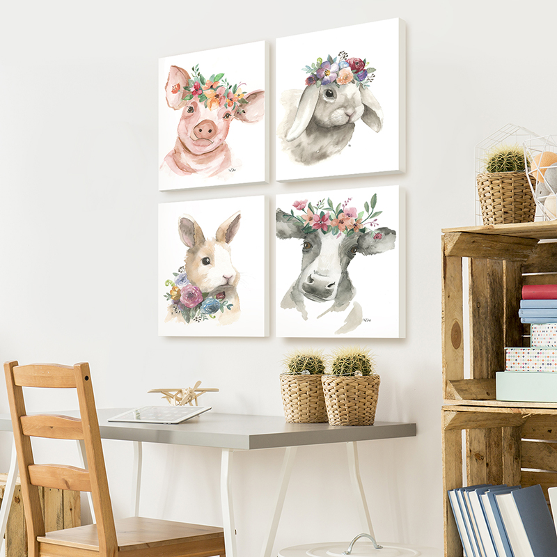 Art-nursery-kidsbedroom-animals-floral-pig-rabbit-bunny-cow-cute